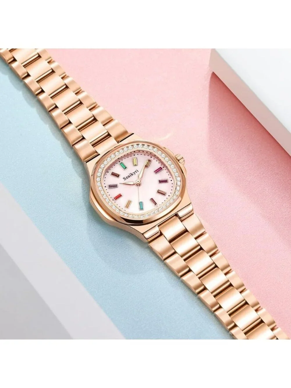 Women's Rose Gold Crystal Accented Solid Stainless Steel Band Dress Wrist Watch